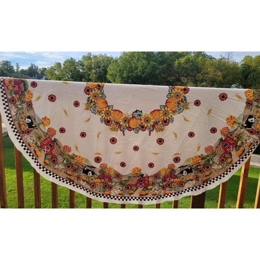 Tablecloth Oval Fall Autumn Farm Cows Cotton/Poly 68" x 66"